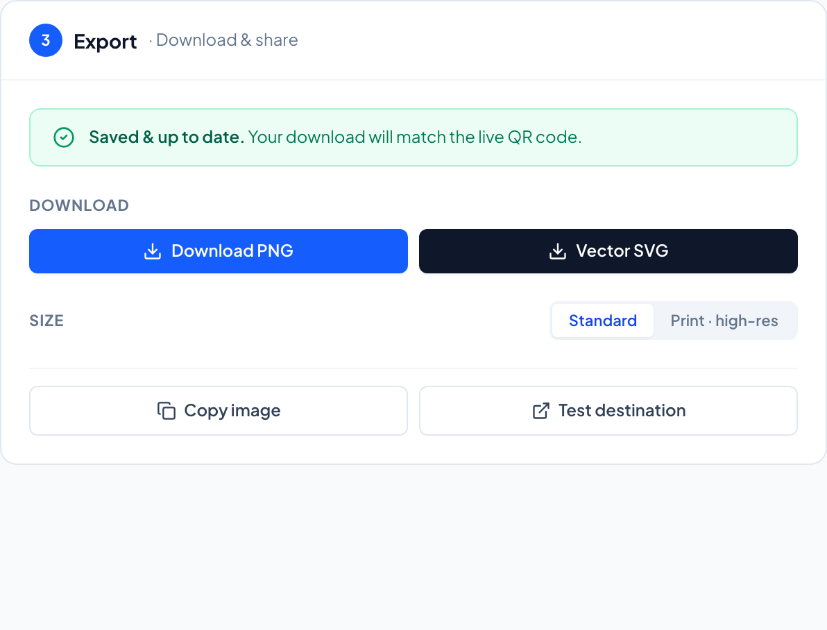 The Export step in KeeperQR with Download PNG and Vector SVG buttons, and a choice between Standard and Print high-res sizes.